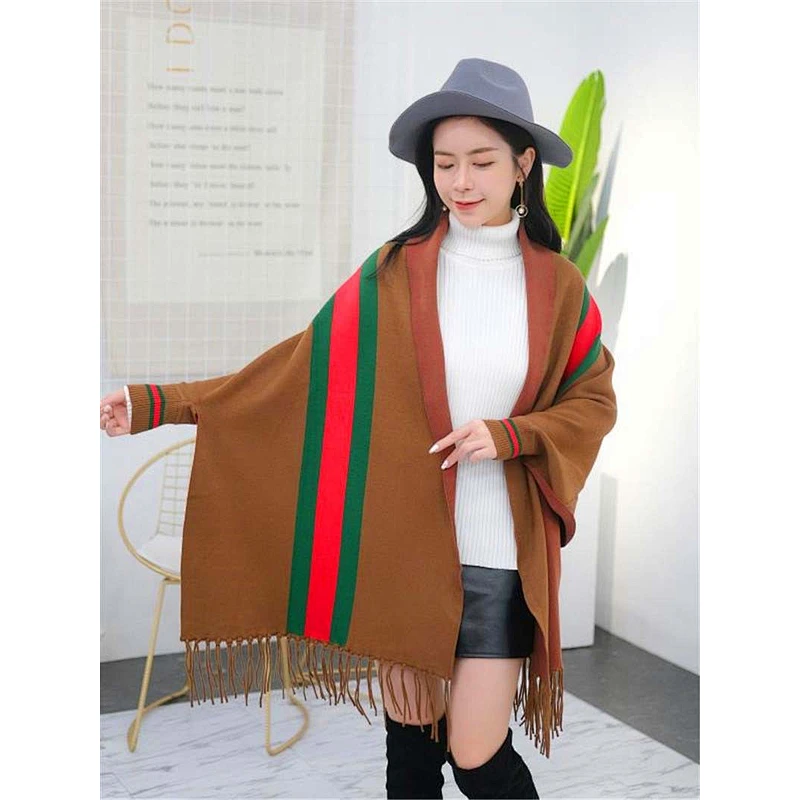 Western Style Ladies Double Side Warm Tassels Fringe Vertical Stripe Long Cashmere Poncho Shawl