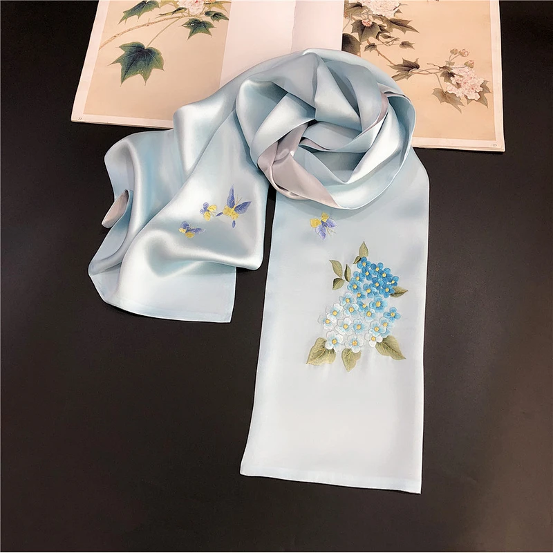 2020 Hot-Selling Embroidered Silk Scarf Gift 35*155CM Handmade Double Layer Embroidered Silk Scarf