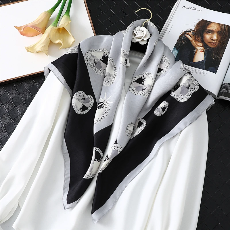 Silk scarf female twill satin elegant lady cartoon printing new scarf fashion large square scarf