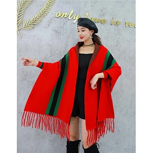 Western Style Ladies Double Side Warm Tassels Fringe Vertical Stripe Long Cashmere Poncho Shawl