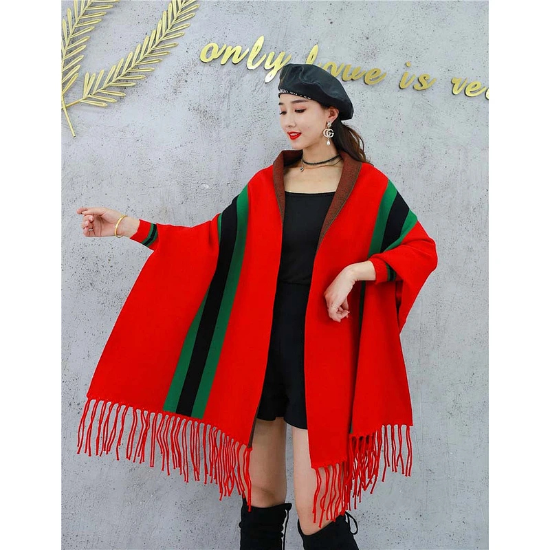 Western Style Ladies Double Side Warm Tassels Fringe Vertical Stripe Long Cashmere Poncho Shawl