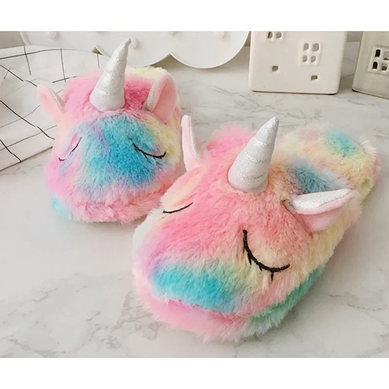 Warm Indoor Gradient Color Cartoon Slippers Fluffy Slippers Plush Sweet Unicorn Baby Girls Shoes