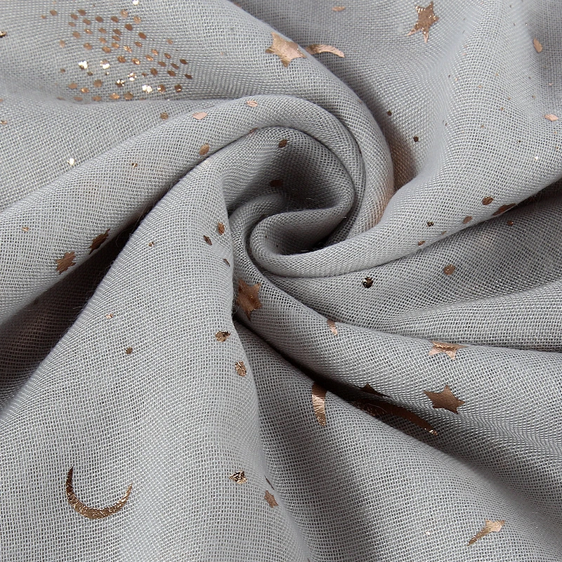 Cheap wholesale breathable Gold stamping star moon custom polyester voile scarf