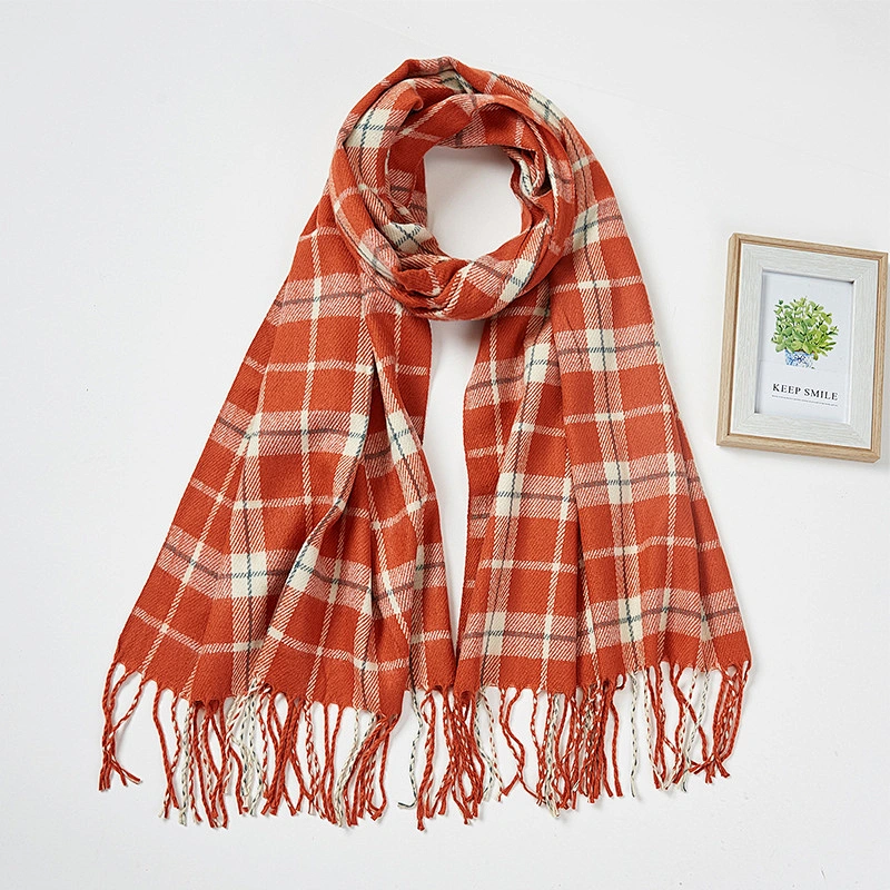 New Girls Winter Thick Warm Long Plaid Scarf Cashmere Tassel Simple Double-Sided Plaid Scarf