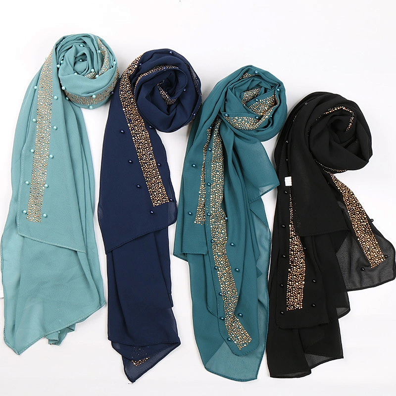 Islamic Lady pure color hot drill pearl women scarf chiffon muslim pearl hijab scarf