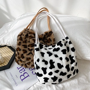 2020 New Winter Tide Soft Plush Bag Women Plush Shoulder Bag Large Capacity Cow Leopard Underarm Bag