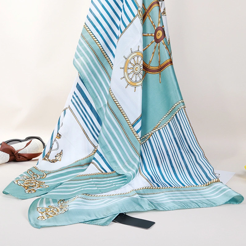 Spring new striped ladies scarf emulation silk satin navy wheel shawl travel scarf fashion beach towel
