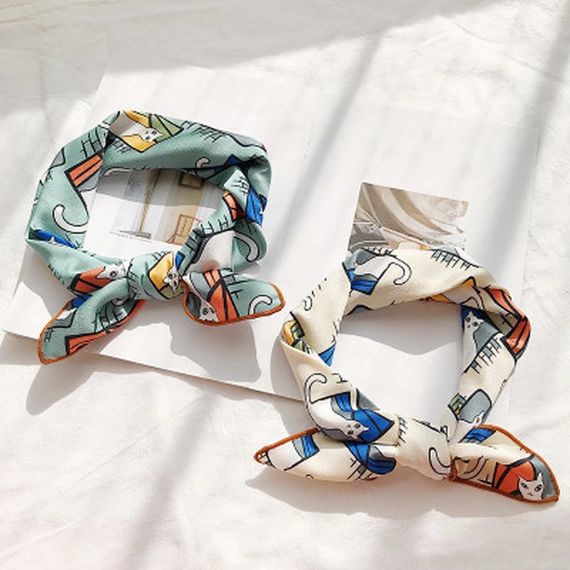 Wild multifunctional professional decorative scarf female wholesale small fresh printed cat small polyester square scarf