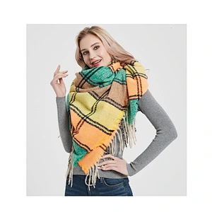 Fringed Scarf European American New Style 100% Polyester Coarse Bristles Plaid Square Scarf Thickening Ladies Shawl