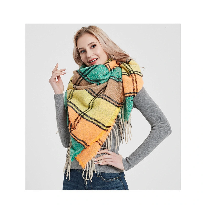 Fringed Scarf European American New Style 100% Polyester Coarse Bristles Plaid Square Scarf Thickening Ladies Shawl