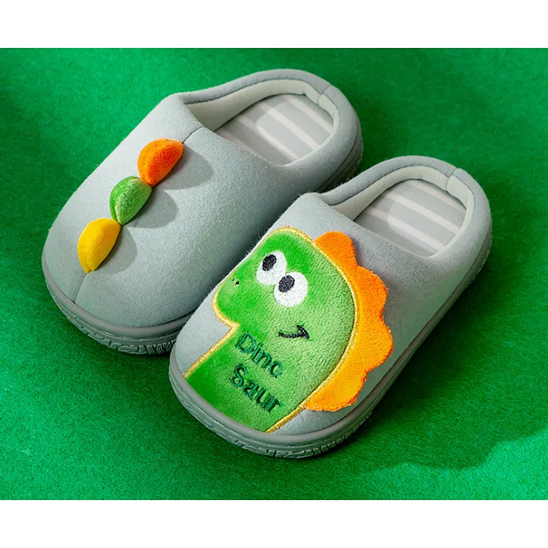 Custom Plush Kids Cute Dinosaur Indoor Slippers Cartoon Thermal Slippers Winter Plush Dinosaur Slippers