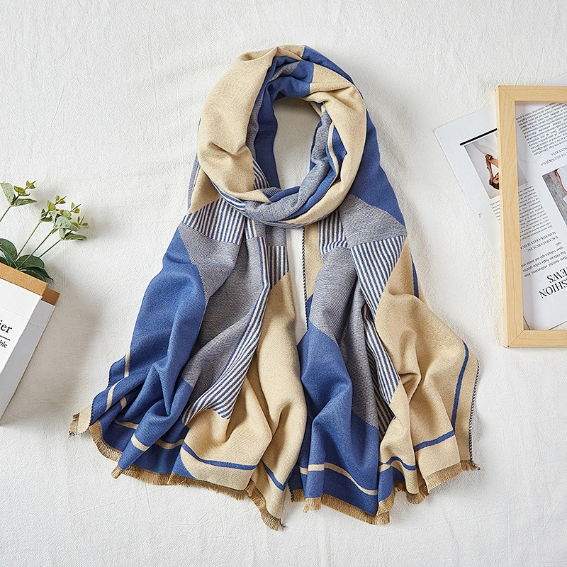 American New Geometric Blue Beige Cashmere Scarf Women'S Warmth Thick Jacquard Double-Sided Shawl