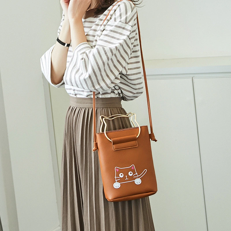 Wholesale Lady Cartoon Handbag Fashion Cute Cat Pattern Pu Leather Lady Shoulder Bag Handbag