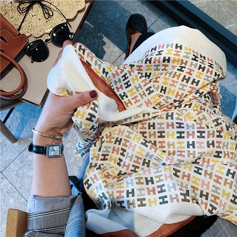2020 New Fashion Women Embroidered Big Hijab H Letters Shawl Girls Cotton Linen Long Scarf Wrap Shawl
