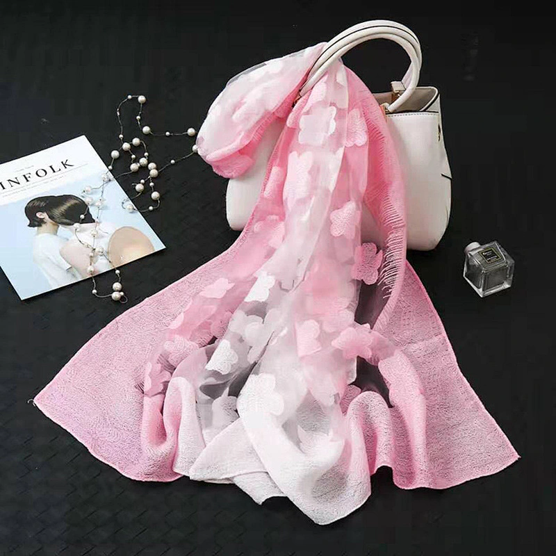 Fashion Women Jacquard Hollow Lace Gradient Silk Scarf Spring Shawls and Wraps Towel Femme Beach Sjaals