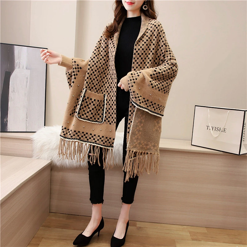 2020 New Style Mink Wool Cape Cloak Women Coat Autumn Winter Outdoor Fashion Western Cardigan Shawl With Sleeve