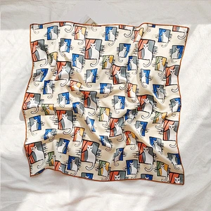 Wild multifunctional professional decorative scarf female wholesale small fresh printed cat small polyester square scarf