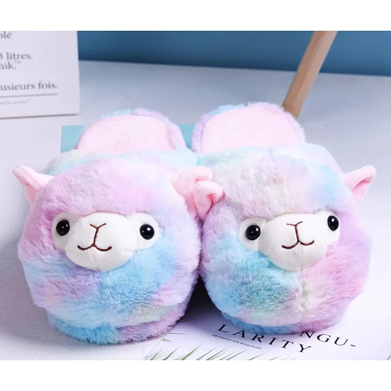 Soft Plush Alpaca Cotton Slippers Women Children Girl Indoor Warm Slippers House Anti-Slip Winter Slipper