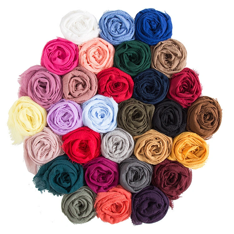 Factory Direct Cotton And Linen Solid Color Crinkle Short Beard Muslim Cotton Scarf Hijab