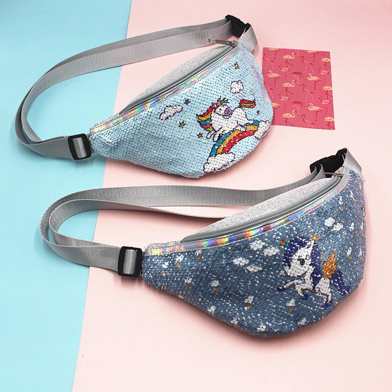 Reversible Flip Unicorn Pattern Design Sequin Belt Bag Unicorn Sequin Kids Waist Bag, Adjustable Waist Pack Bag