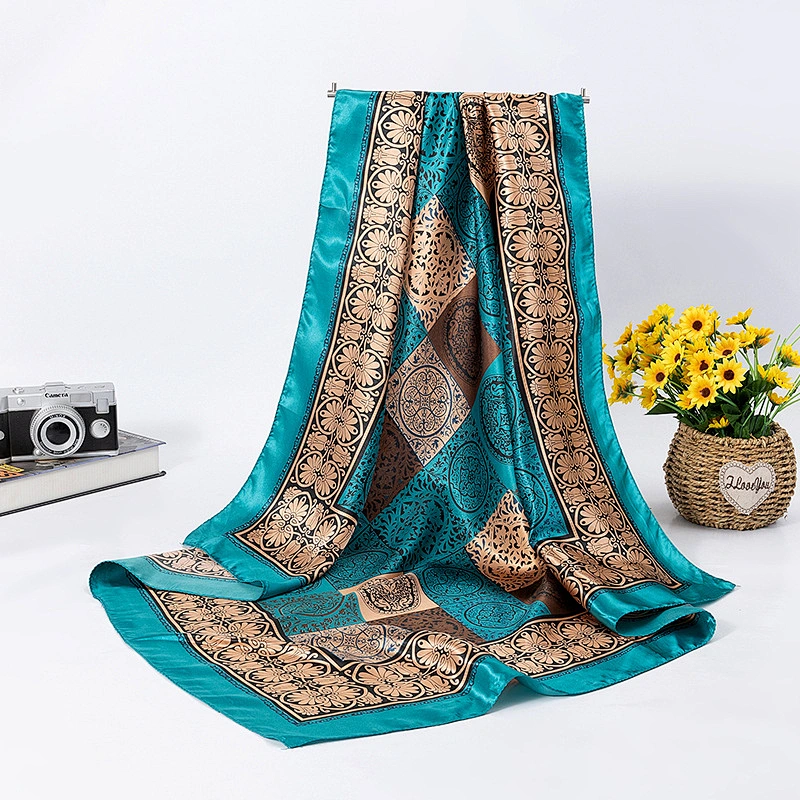 Silk square scarf middle-aged lady oversized wild decoration lattice circle print silk scarf shawl