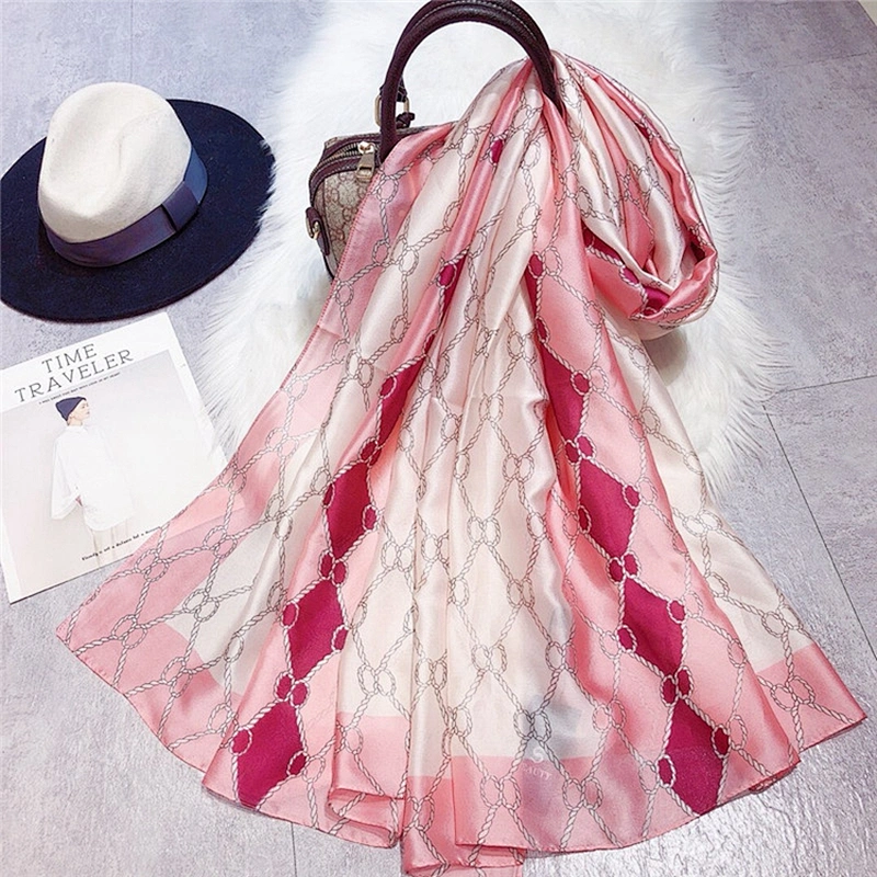 Wholesale New Design Fashion Digital Printed Woman Silk Scarf Geometric Silk Oversized Travel Decoration Shawl
