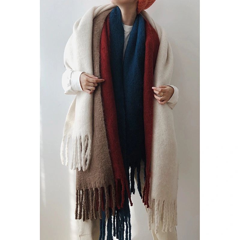 Solid Color Comfortable Mohair Padded Scarf Women Keep Warm Winter Double-Sided Long Shawl With Tassel