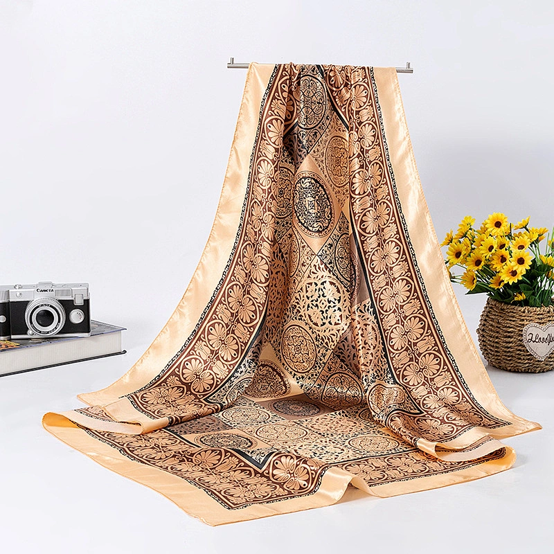 Silk square scarf middle-aged lady oversized wild decoration lattice circle print silk scarf shawl