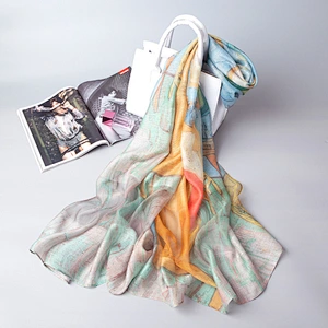 Spring and summer new female simulation silk oil painting printed elegant silk scarf beach towel shawl
