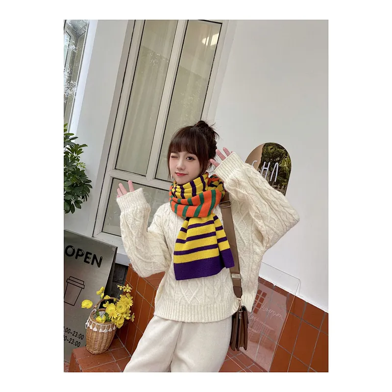 Nordic Style Lengthened Contrast Striped Wool Scarf Female Winter Student Warm Knitted Scarf