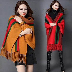 Western Style Ladies Double Side Warm Tassels Fringe Vertical Stripe Long Cashmere Poncho Shawl