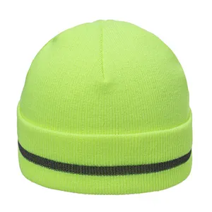 New Style Double-Layer Warm Woolen Hat With Curled Edge Fluorescent Color Reflective Strip Knitted Hat