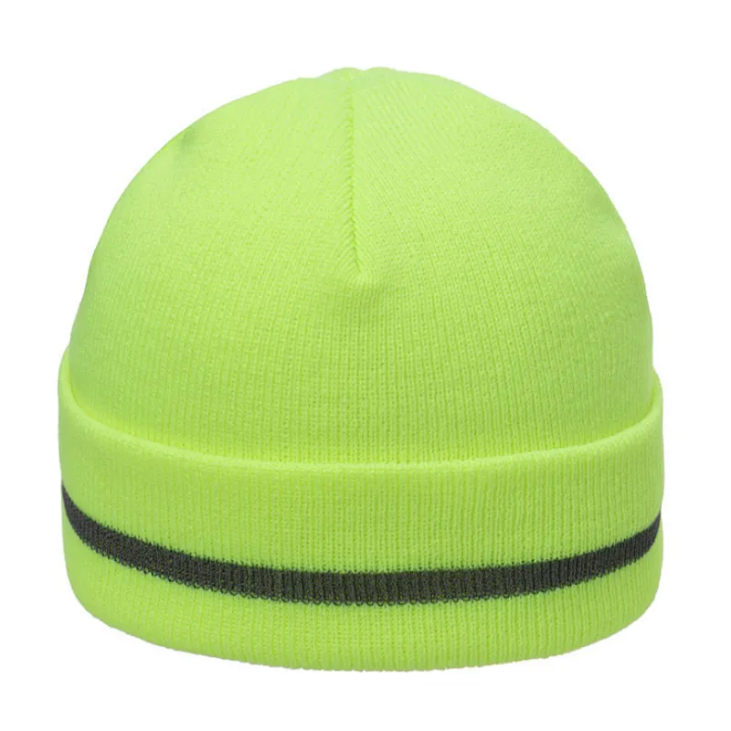 New Style Double-Layer Warm Woolen Hat With Curled Edge Fluorescent Color Reflective Strip Knitted Hat