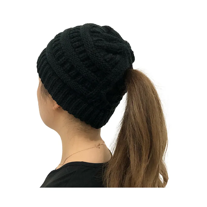Hot Sale Autumn  Winter Pure Color Wool Hat Low Ponytail Back Hollow Split Knit Hat