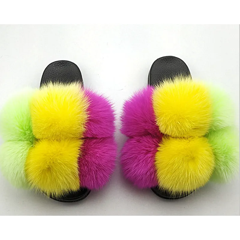 Wholesale Custom Logo Indoor Sandals Women Ladies Luxury Colorful Fluffy Fur Slipper