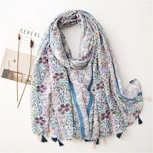2020 Original Gauze Sunscreen Shawl Small Fresh Plant Flower Printing Cotton And Linen Feel Fringed Scarf