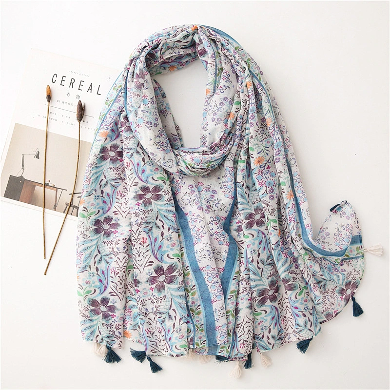 2020 Original Gauze Sunscreen Shawl Small Fresh Plant Flower Printing Cotton And Linen Feel Fringed Scarf