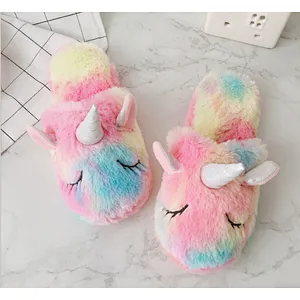 Warm Indoor Gradient Color Cartoon Slippers Fluffy Slippers Plush Sweet Unicorn Baby Girls Shoes
