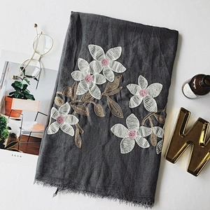 Spring style cotton and linen ethnic style flowers cotton and linen embroidery solid color scarf female linen extra long silk sc