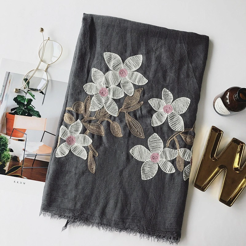 Spring style cotton and linen ethnic style flowers cotton and linen embroidery solid color scarf female linen extra long silk sc