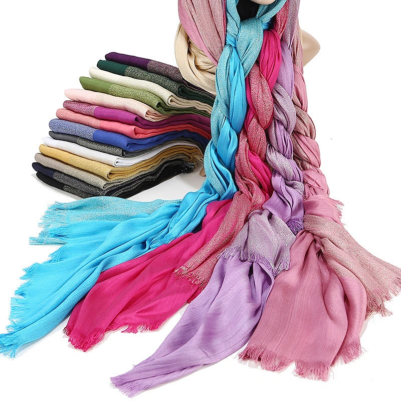 Wholesale Fringed Gold Silk Plain Color Breathable Cotton Muslim Scarf