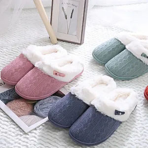 Autumn Winter Warm Jacquard Knitted Fabrics Plush Unisex Indoor Slippers Shoe