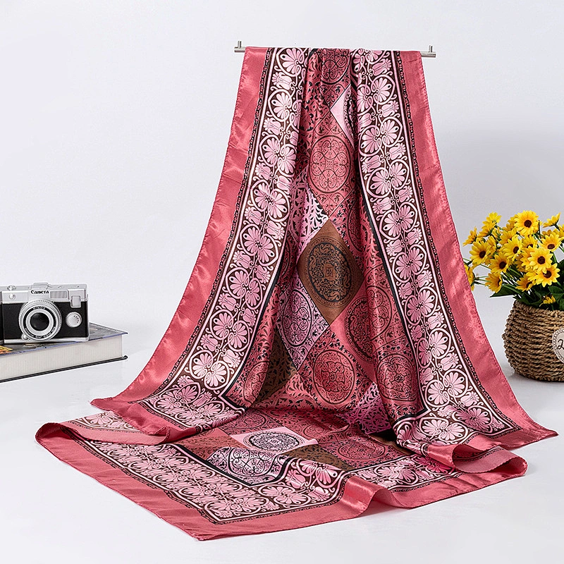 Silk square scarf middle-aged lady oversized wild decoration lattice circle print silk scarf shawl