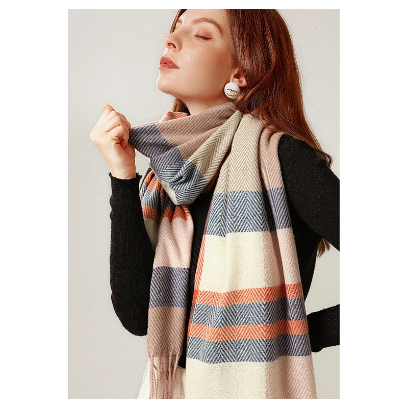 Factory Direct Scarf Female Warmth Cashmere British College Style Woven Tassels Mid-Length Women'S Shawl