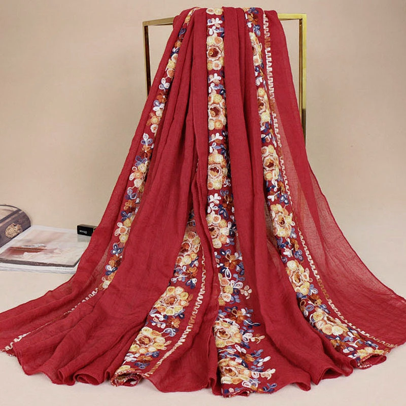 The new dual-use cotton female shawl promotional muslim embroidered flower long scarf