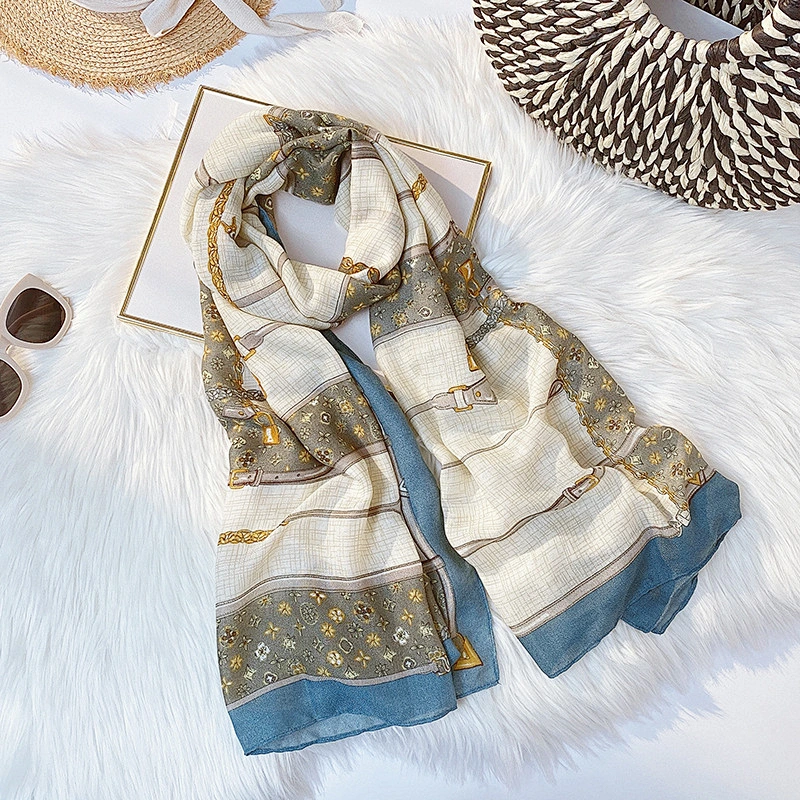 Factory direct check printed silk scarf female mid-long square scarf outdoor beach towel shawl scarf