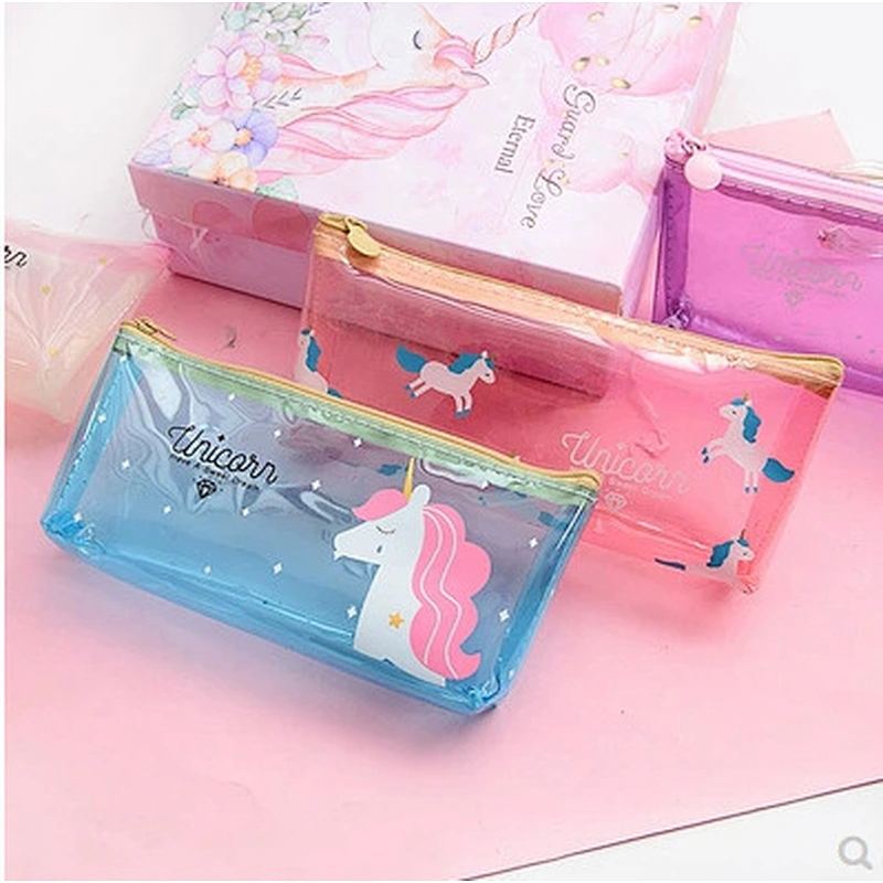 Cheap Wholesale Girls Kawaii Kids Transparent PVC Cute Unicorn School Pencil Case