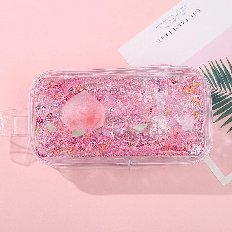 Cute Cartoon Peach Transparent Quicksand Pencil Case Avocado Portable Cosmetic Bag Pencil Case