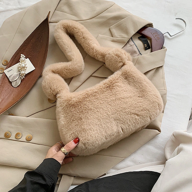 Luxury Winter Fluffy Furry Pink Women Hand Bags Shoulder Bags Purses Fluffy Fur Hobos Girls Underarm Bags