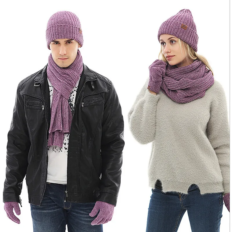 Fashion Stripes Cap 3 PC Men Women's Winter Knitted Hat Cap Hat Scarf Glove Sets